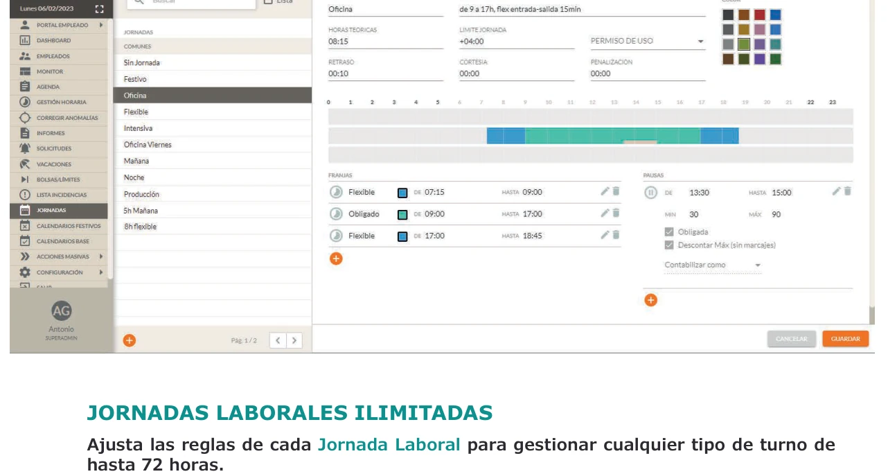 Pantalla real de configuraci&oacute;n de jornadas en DASStime